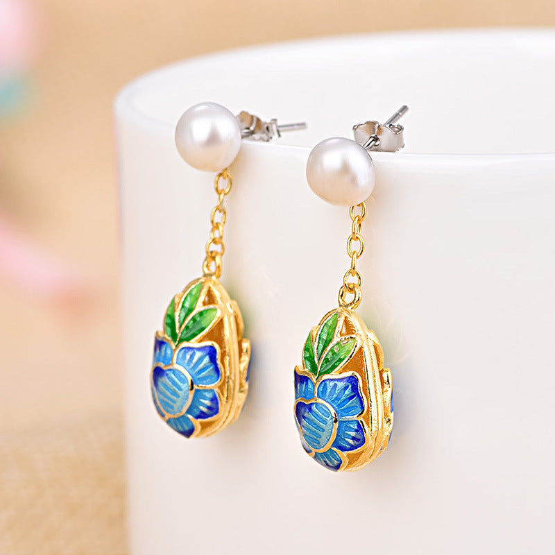 Hollow Out Cloisonne Enamel Pearl Earrings