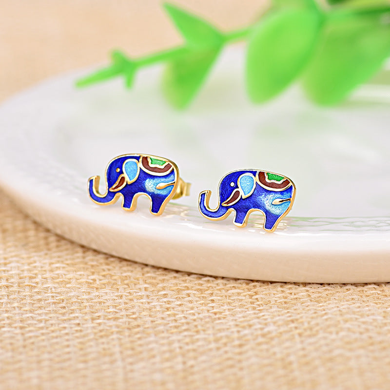 Vintage Style Cloisonne Elephant Stud Earrings