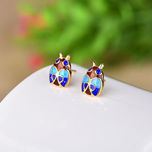 Vintage Style Cloisonne Beetle Stud Earrings, 925 Sterling Silver Animal Earrings