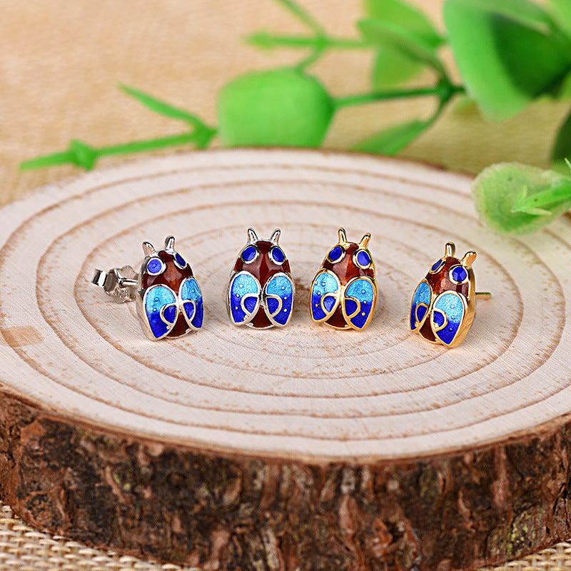 Vintage Style Cloisonne Beetle Stud Earrings, 925 Sterling Silver Animal Earrings
