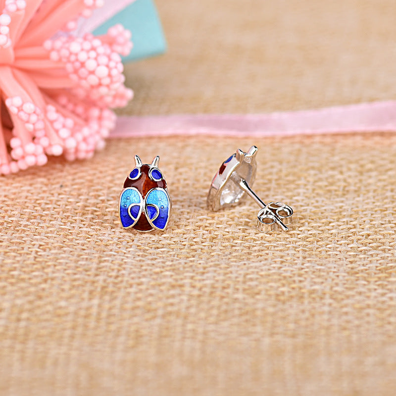 Vintage Style Cloisonne Beetle Stud Earrings, 925 Sterling Silver Animal Earrings