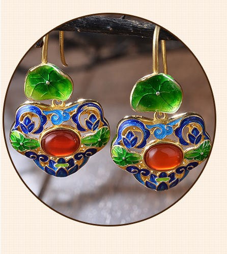 Cloisonne Lotus Leaf Floral Earrings