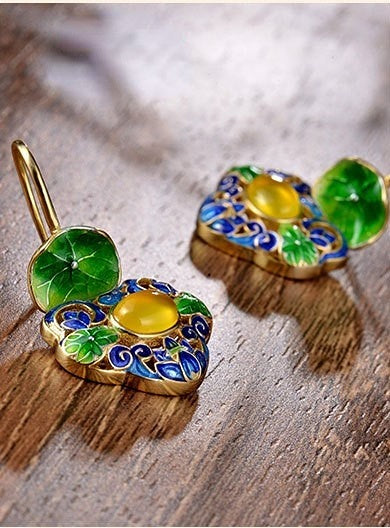 Cloisonne Lotus Leaf Floral Earrings