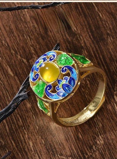 Vintage Style Cloisonne Yellow Agate Statement Ring