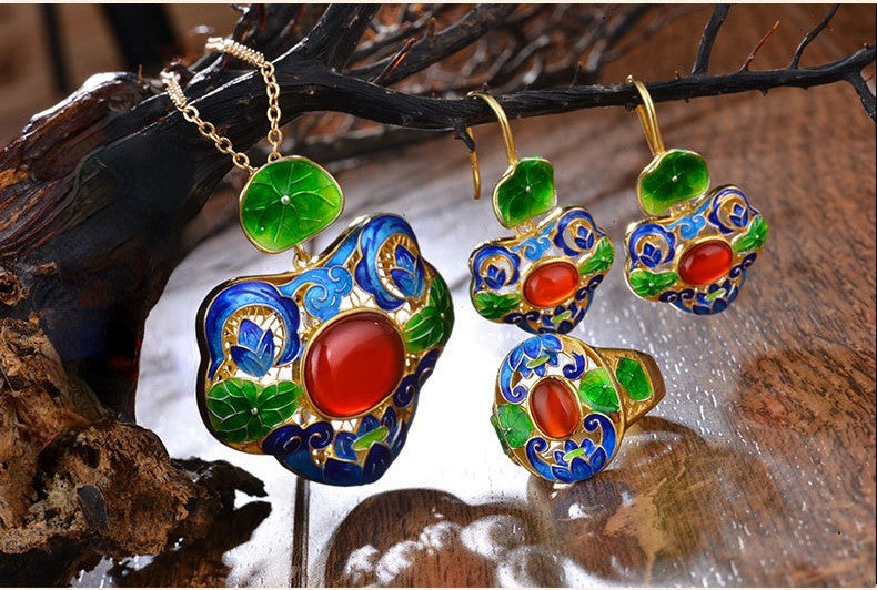 Cloisonne Lotus Leaf Floral Earrings