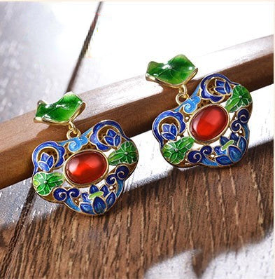 Cloisonne Lotus Leaf Floral Earrings
