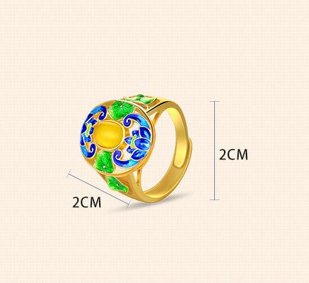 Vintage Style Cloisonne Yellow Agate Statement Ring