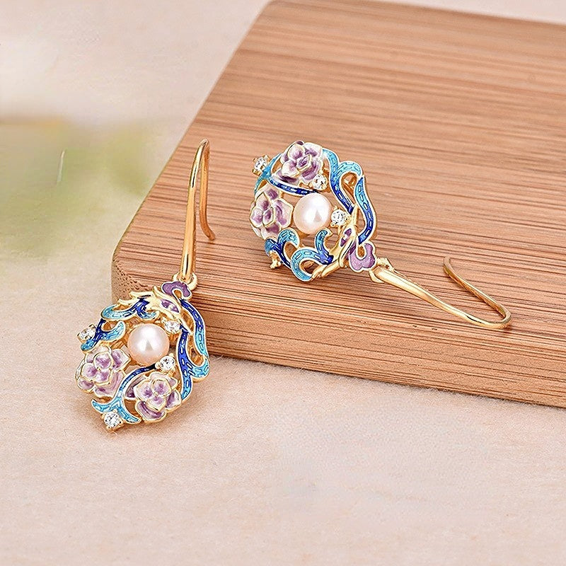 Cloisonne Floral Pearl Earrings