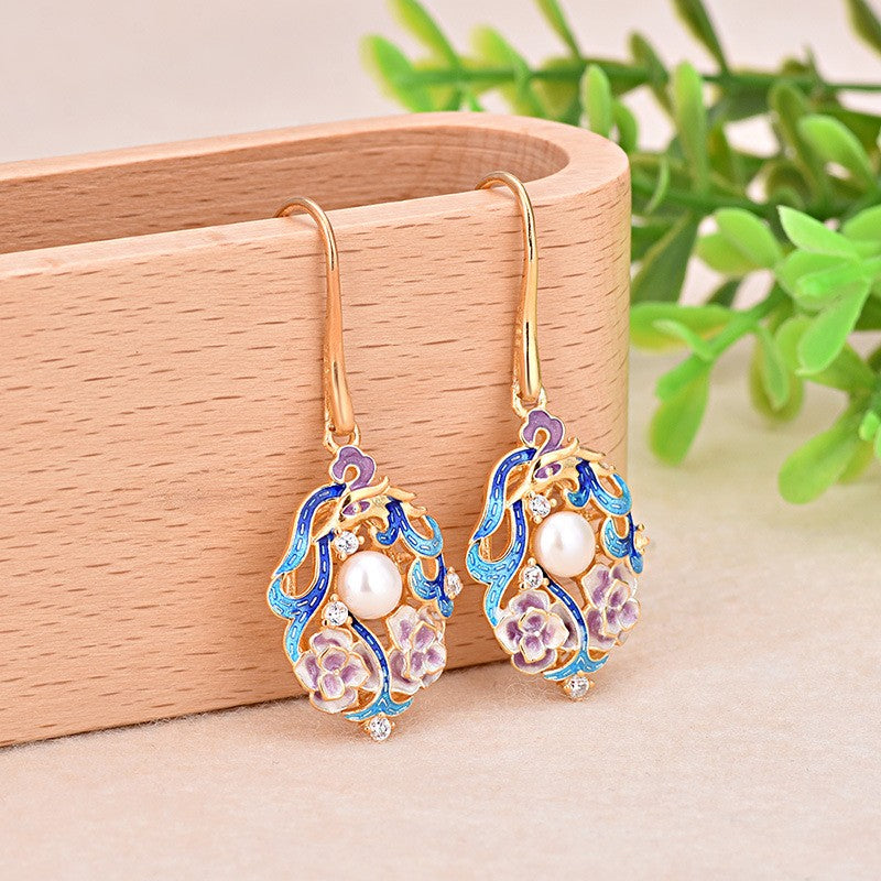 Cloisonne Floral Pearl Earrings