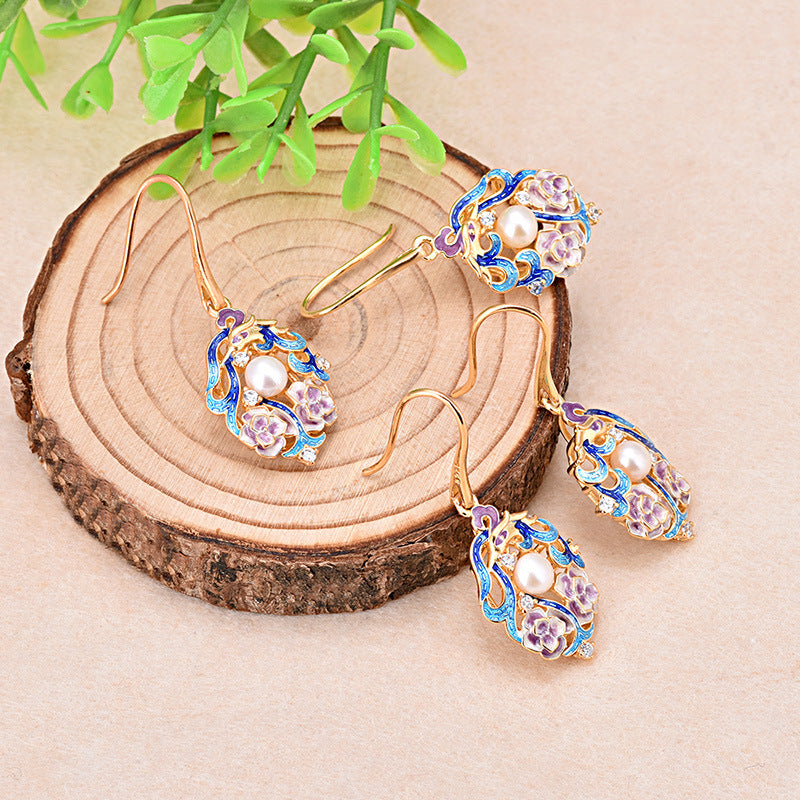 Cloisonne Floral Pearl Earrings