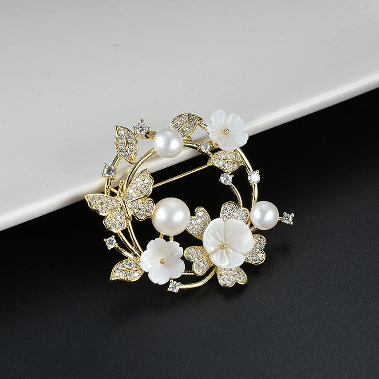 Genuine Freshwater Pearl Zircon Butterfly Cowrie Shell Floral Brooch