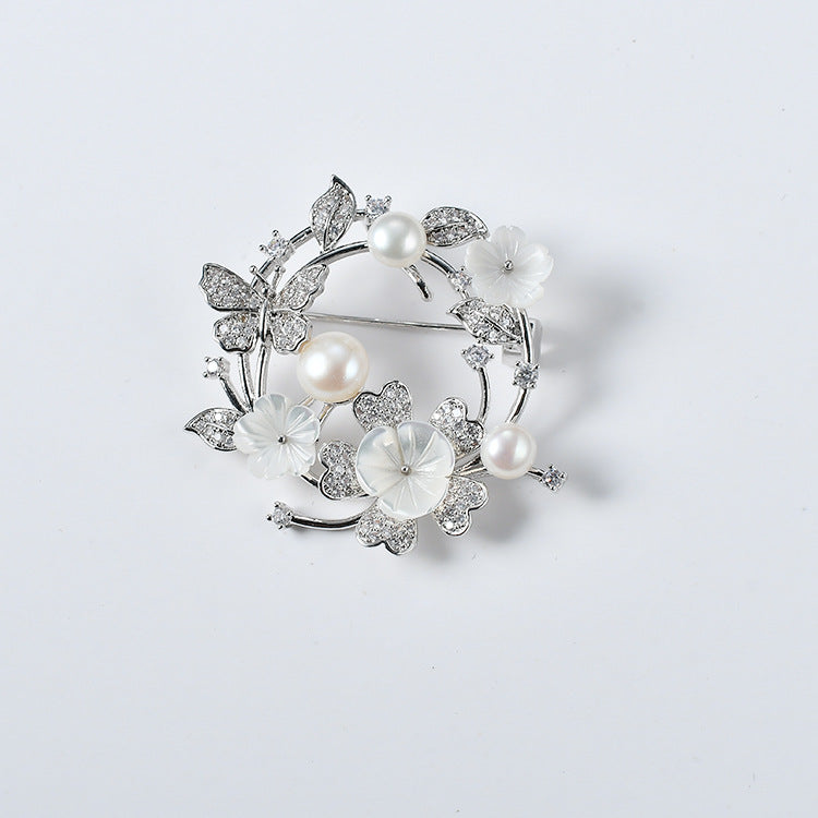 Genuine Freshwater Pearl Zircon Butterfly Cowrie Shell Floral Brooch