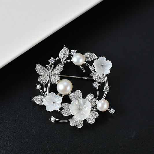 Genuine Freshwater Pearl Zircon Butterfly Cowrie Shell Floral Brooch