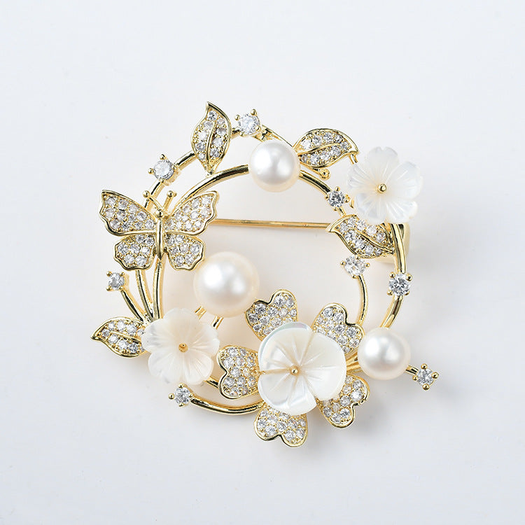 Genuine Freshwater Pearl Zircon Butterfly Cowrie Shell Floral Brooch