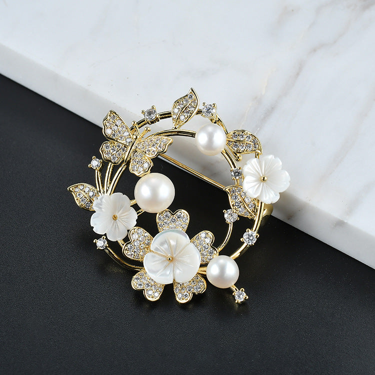 Genuine Freshwater Pearl Zircon Butterfly Cowrie Shell Floral Brooch
