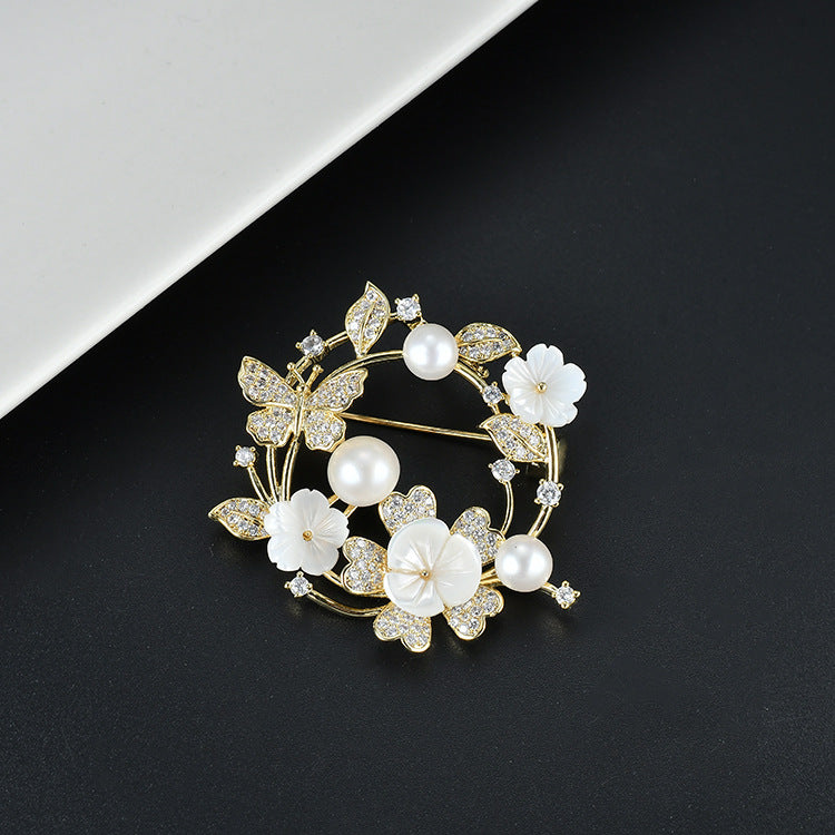 Genuine Freshwater Pearl Zircon Butterfly Cowrie Shell Floral Brooch