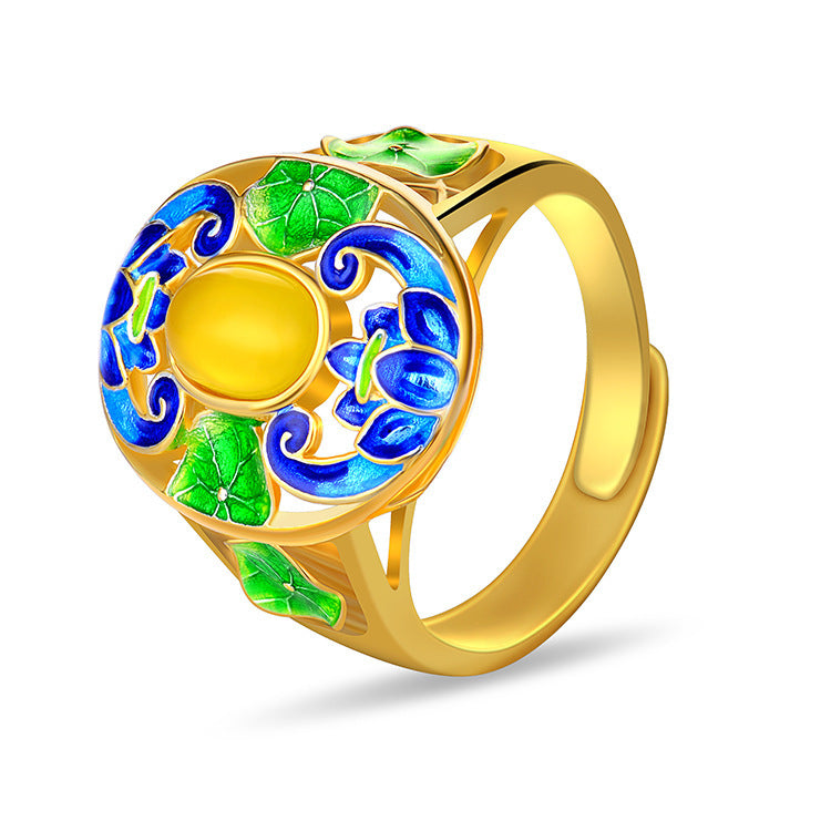 Vintage Style Cloisonne Yellow Agate Statement Ring