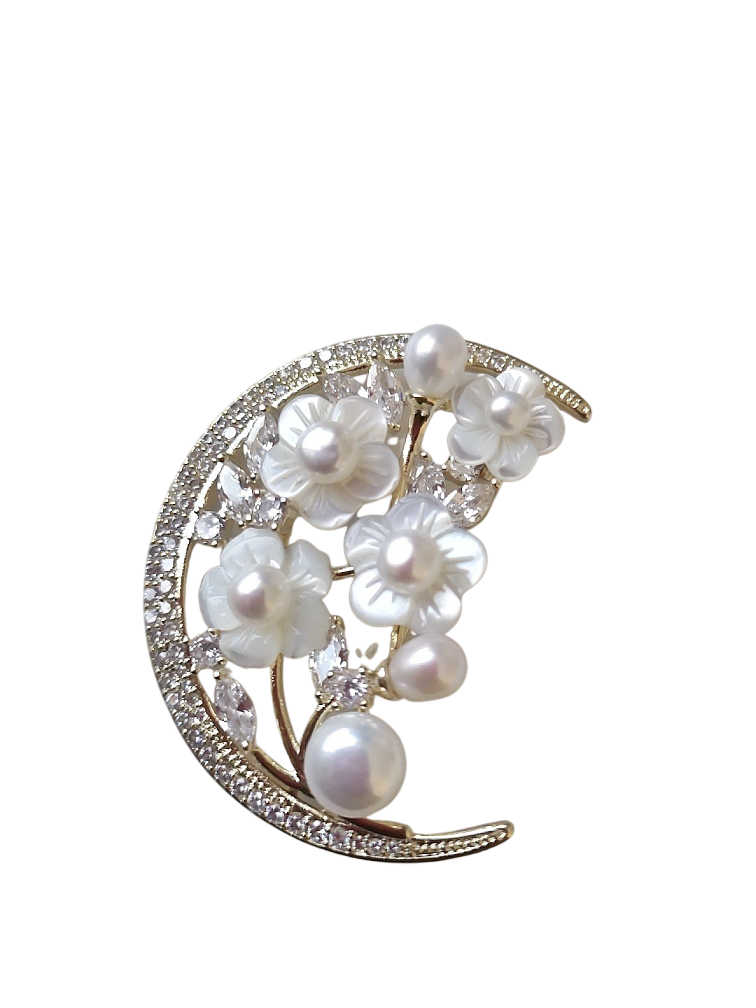 Crescent Moon Cowrie Shell Floral Brooch