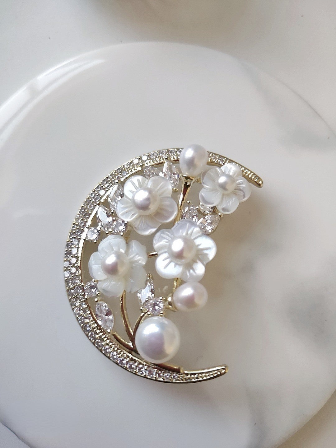 Crescent Moon Cowrie Shell Floral Brooch