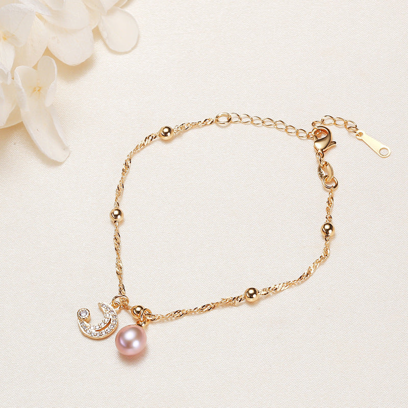 Genuine Freshwater Pearl Bracelet with Crescent Moon Charm