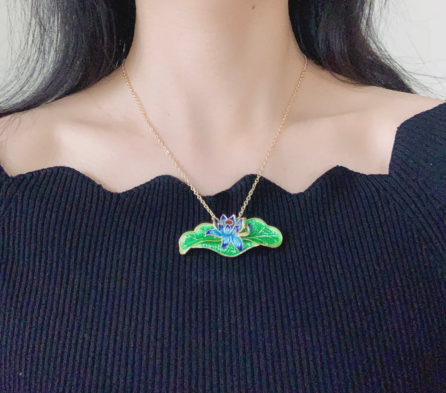 Cloisonne Lotus Flower Floral Statement Pendant