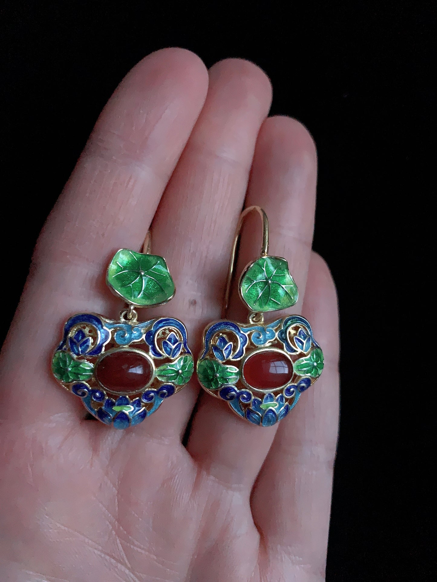Cloisonne Lotus Leaf Floral Earrings