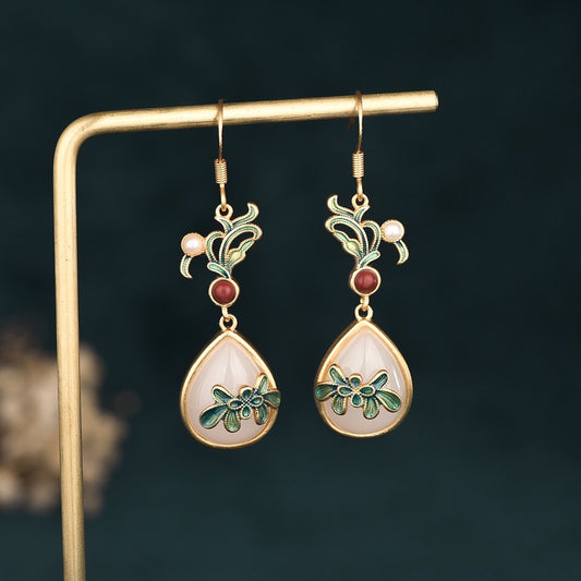 Victorian Style Cloisonne Jade Earrings