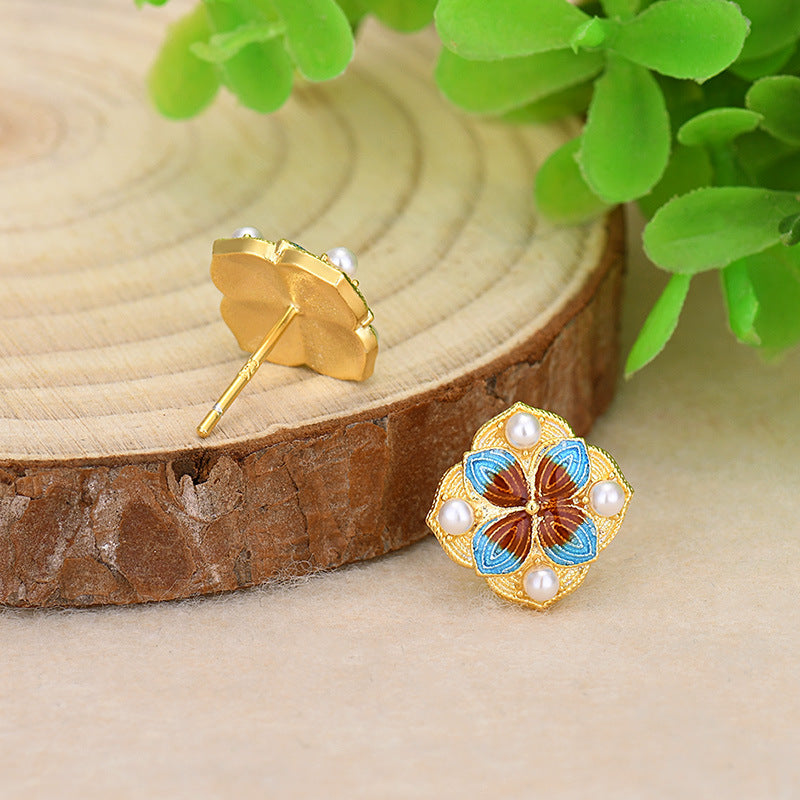 Vintage Style Cloisonne Floral Stud Earring