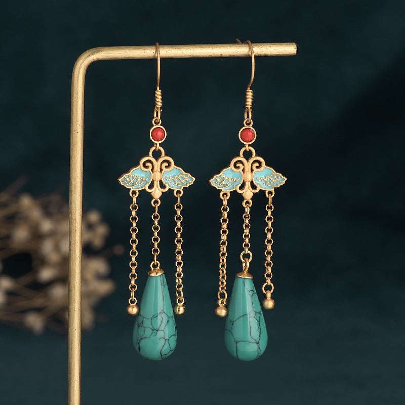 Butterfly Turquoise Tassel Drop Vintage Style Earrings