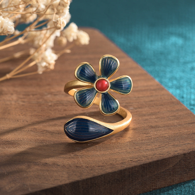 Vintage Style Cloisonne Flower Agate Ring