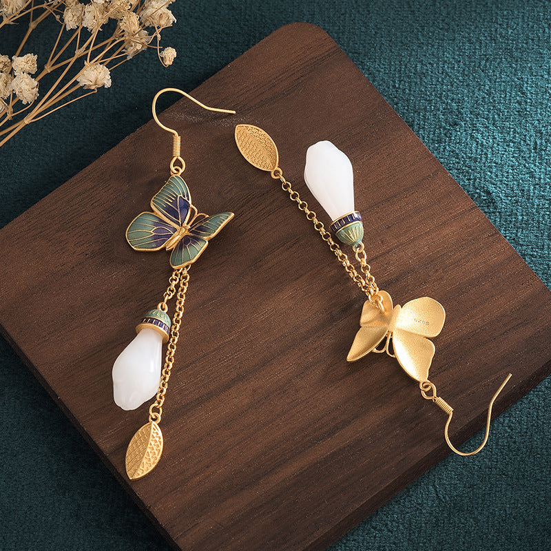 Vitreous Enamel Butterfly Leaf Jade Earrings