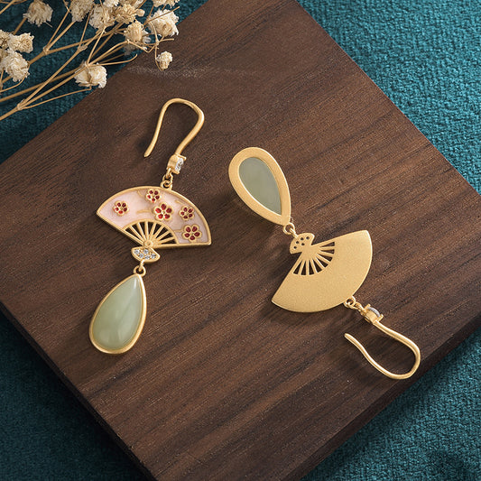 Folding Fan Inspired Jade Vitreous Enamel Floral Earrings
