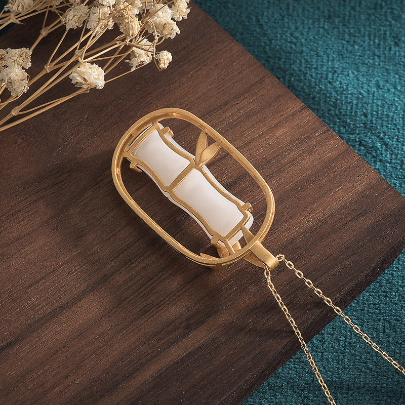 Bamboo Shape Jade Necklace, Vitreous Enamel Bamboo Leaf