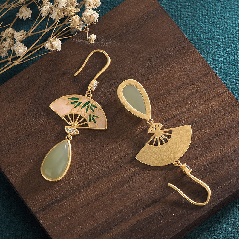 Fan Shape Jade Cloisonne Leaf Earrings