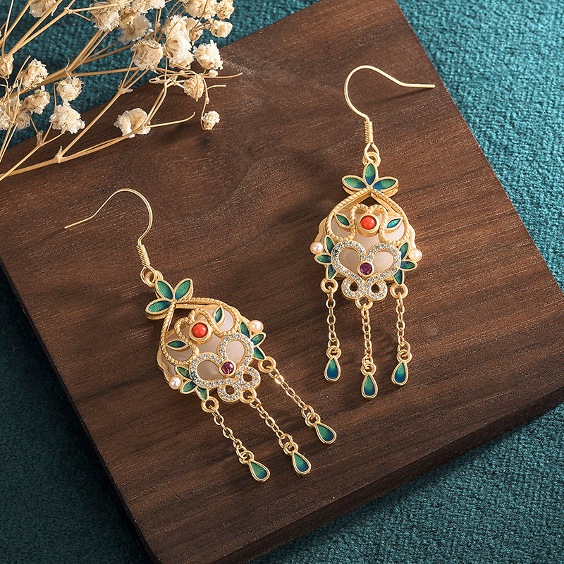 Cloisonne Jade Agate Vitreous Enamel Tassel Drop Earring