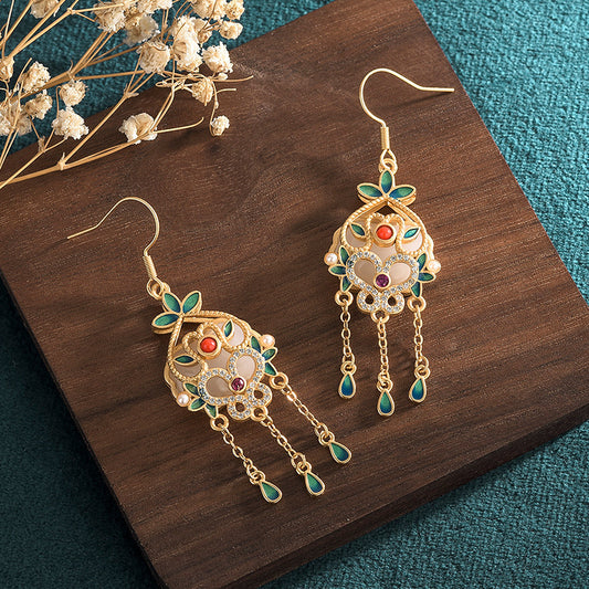 Cloisonne Jade Agate Vitreous Enamel Tassel Drop Earring