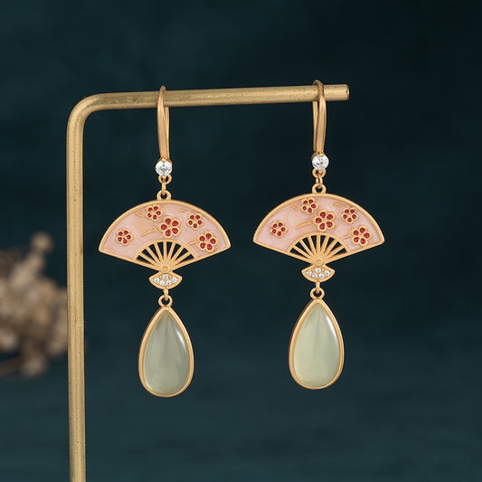 Folding Fan Inspired Jade Vitreous Enamel Floral Earrings