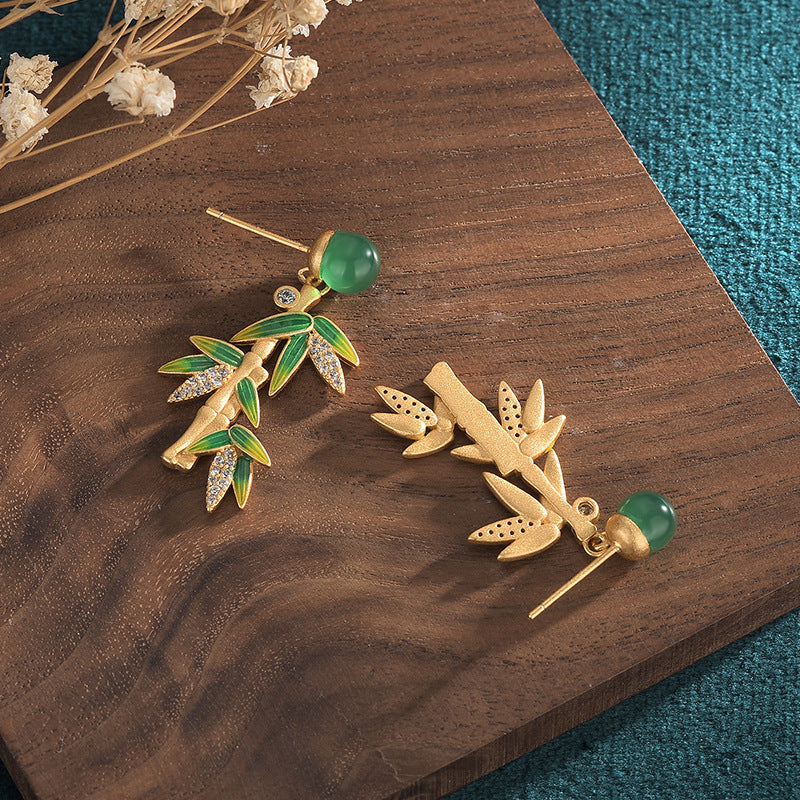 Vitreous Enamel Bamboo Leaf Chrysoprase Earrings