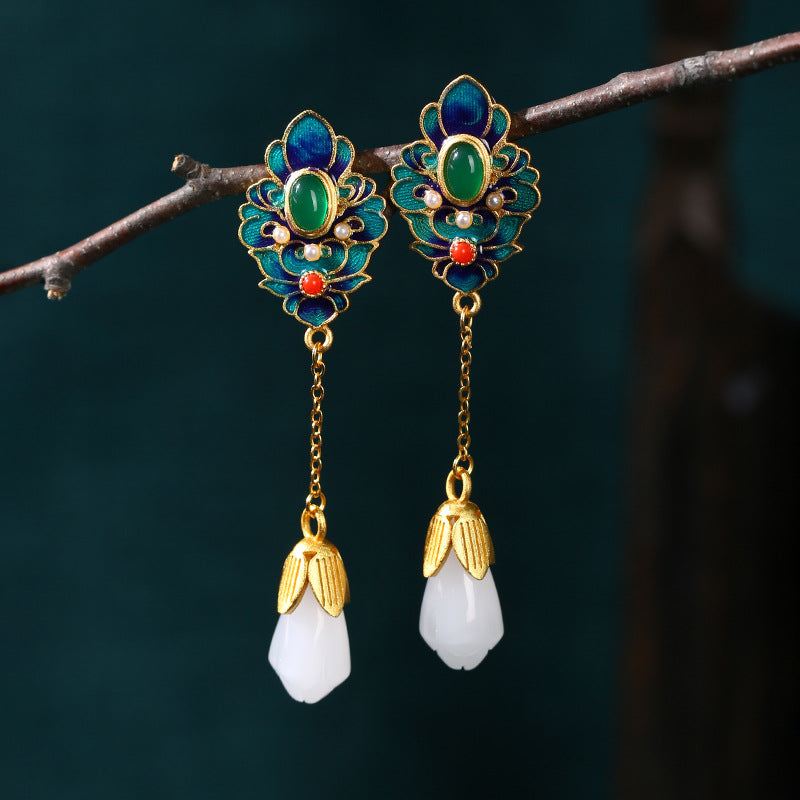 Cloisonne Chrysoprase Magnolia Earrings