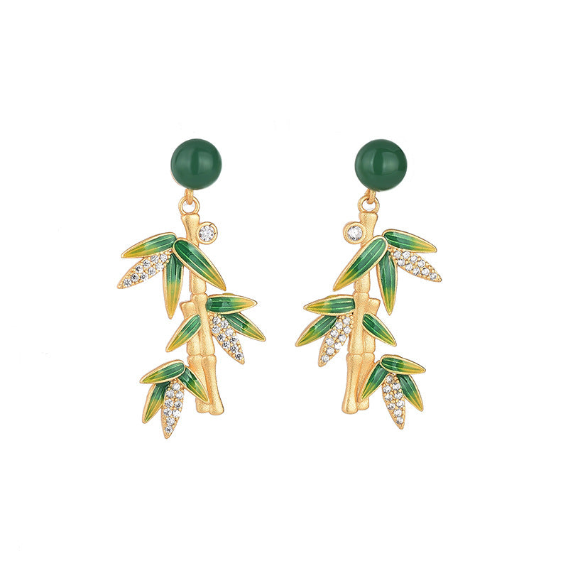 Vitreous Enamel Bamboo Leaf Chrysoprase Earrings