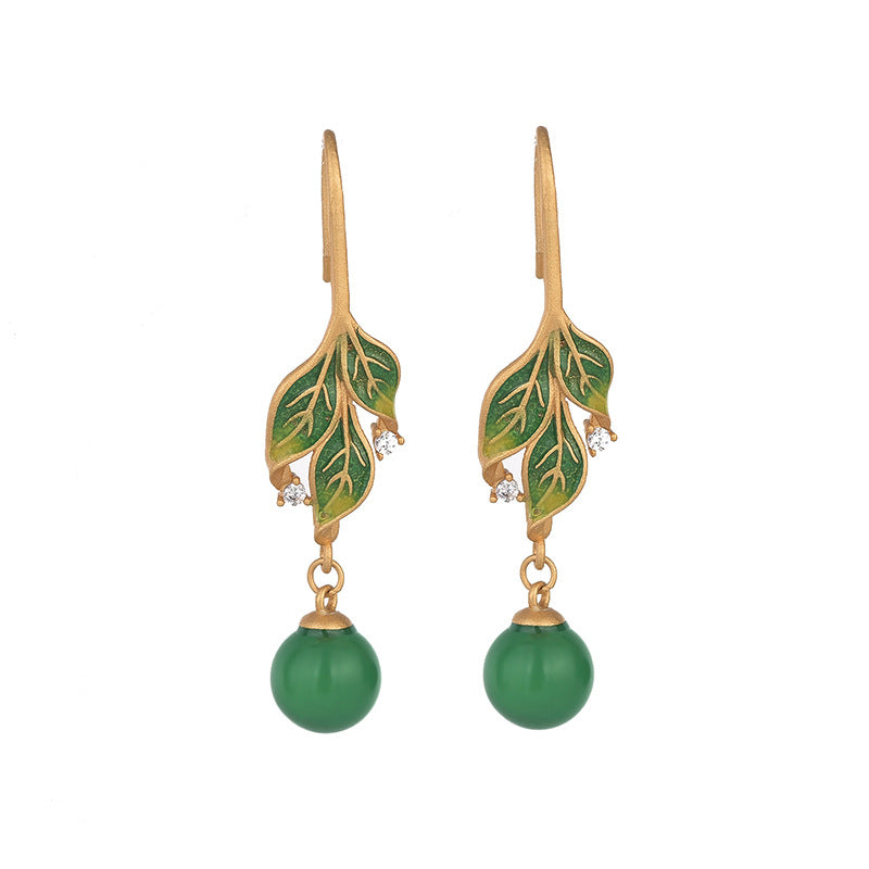 Vitreous Enamel Chrysoprase Leaf Earrings
