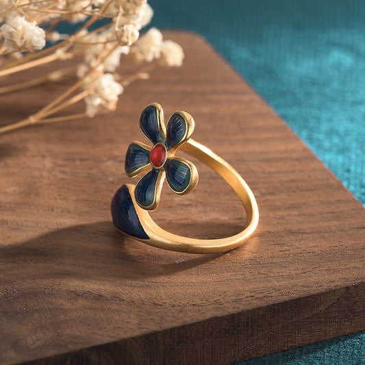 Vintage Style Cloisonne Flower Agate Ring