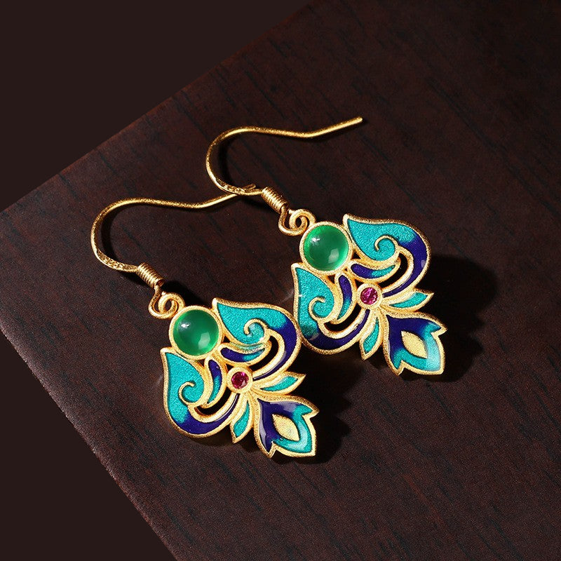 Enamel Chrysoprase Green Floral Earrings
