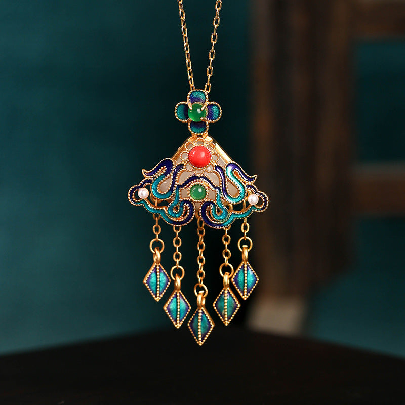 Enamel Floral Tassel Drop Statement Necklace