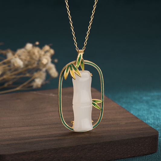 Bamboo Shape Jade Necklace, Vitreous Enamel Bamboo Leaf