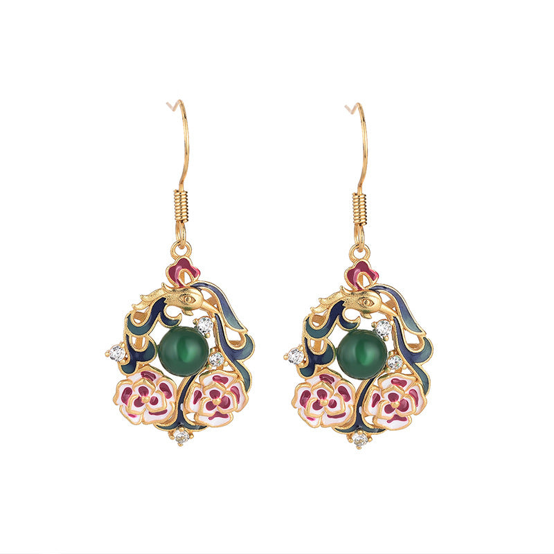 Natural Carnelian Cloisonne Phoenix Earrings