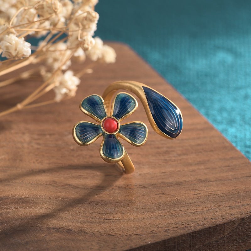 Vintage Style Cloisonne Flower Agate Ring
