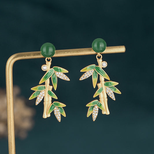 Vitreous Enamel Bamboo Leaf Chrysoprase Earrings