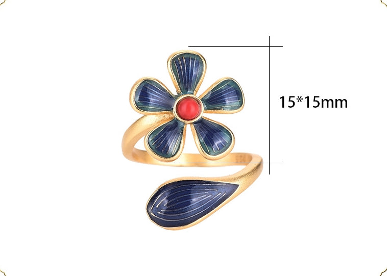 Vintage Style Cloisonne Flower Agate Ring