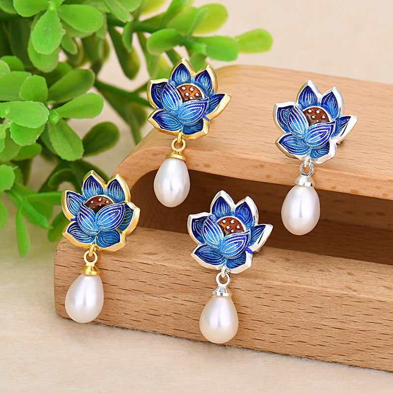 Lotus Flower Cloisonne Pearl Earrings